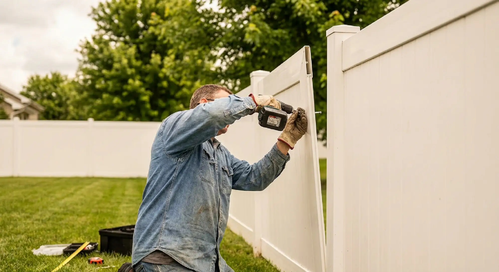 Gate Installation in Liverpool - NY underway as a technician aligns hinges on a new backyard gate