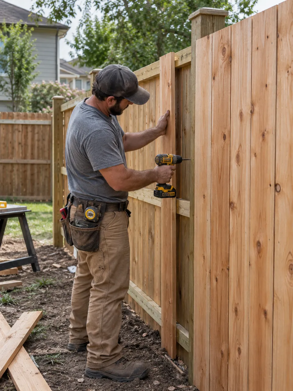 Fence Contractor in Manlius - NY aligning new privacy fence panels beside a suburban yard, Fence Contractor in Fayetteville - NY aligning fence panels beside a landscaped backyard
