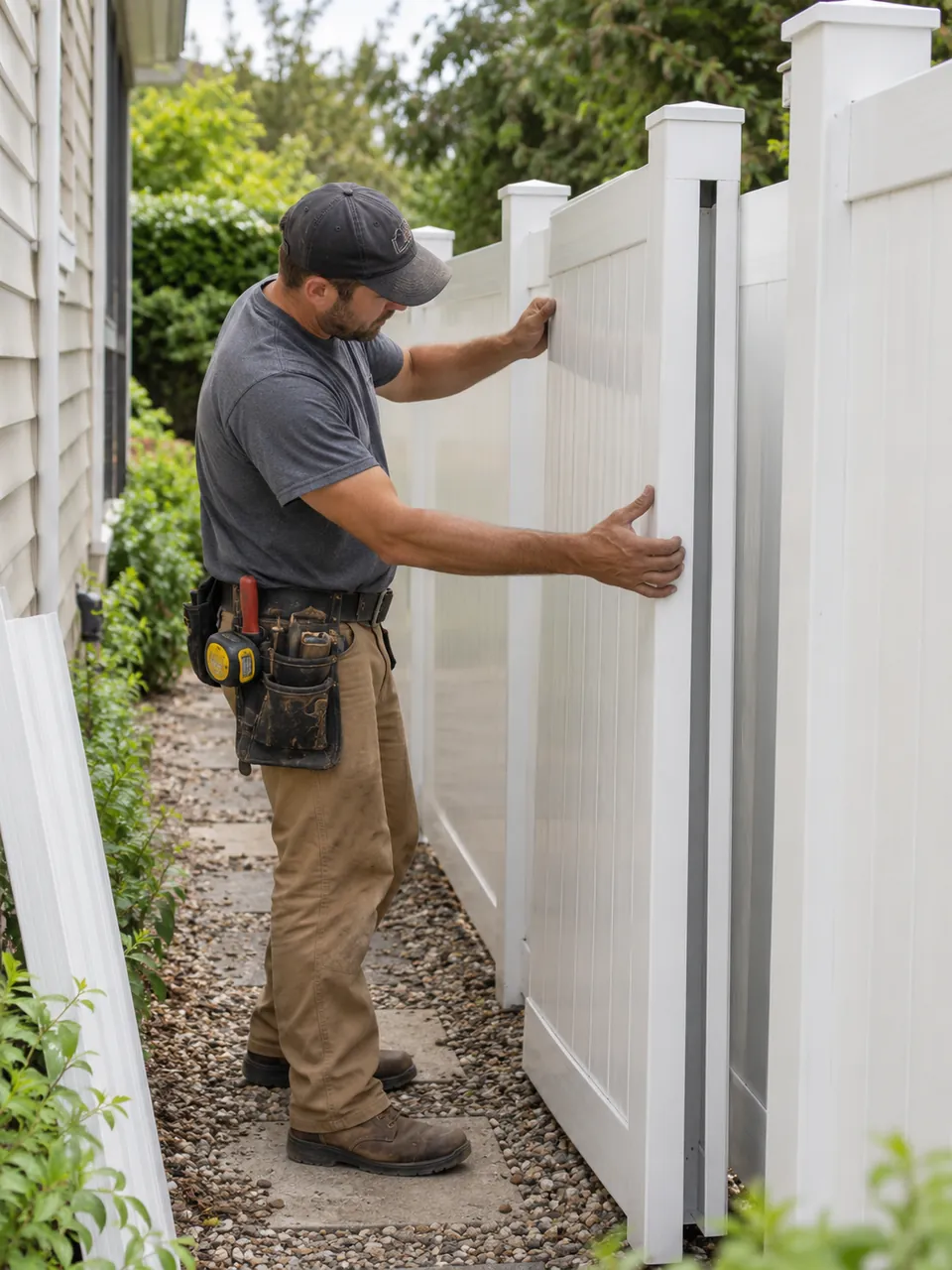 Fence Contractor measuring post spacing on a residential property in Manlius - NY, Fence Contractor in DeWitt - NY measuring a backyard fence line before post installation