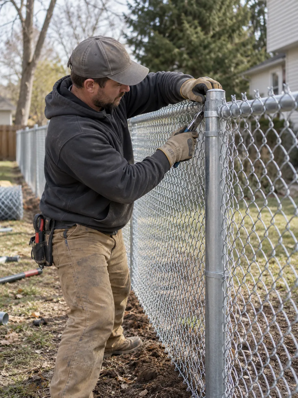 Fence Contractor in Syracuse - NY checking fence line stakes beside a narrow urban backyard, Fence Contractor reviewing fence placement plans at a DeWitt - NY residential property line