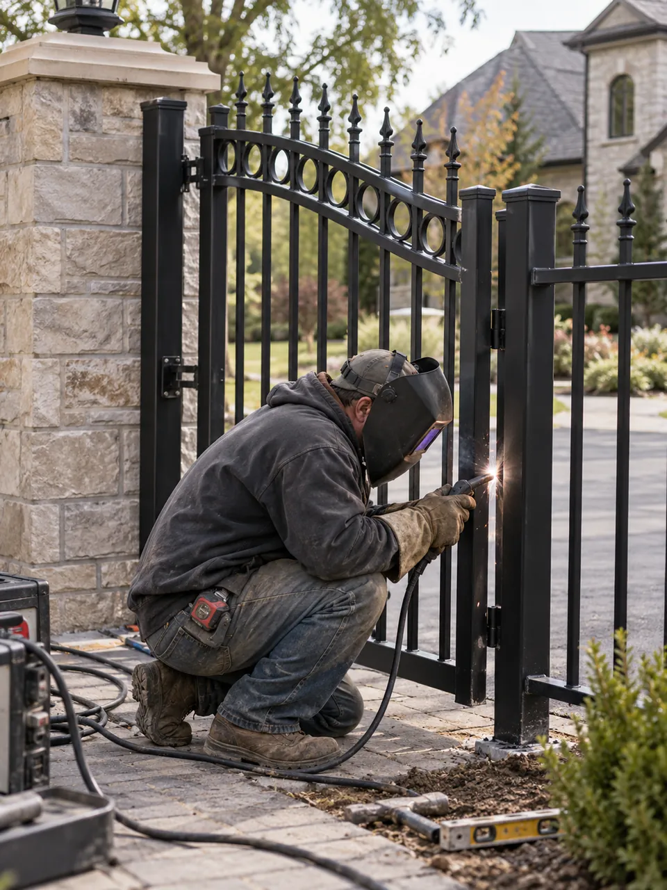 Fence Contractor in Cicero - NY measuring gate placement beside a suburban backyard driveway, Fence Contractor in Brewerton - NY setting fence posts along a residential property boundary