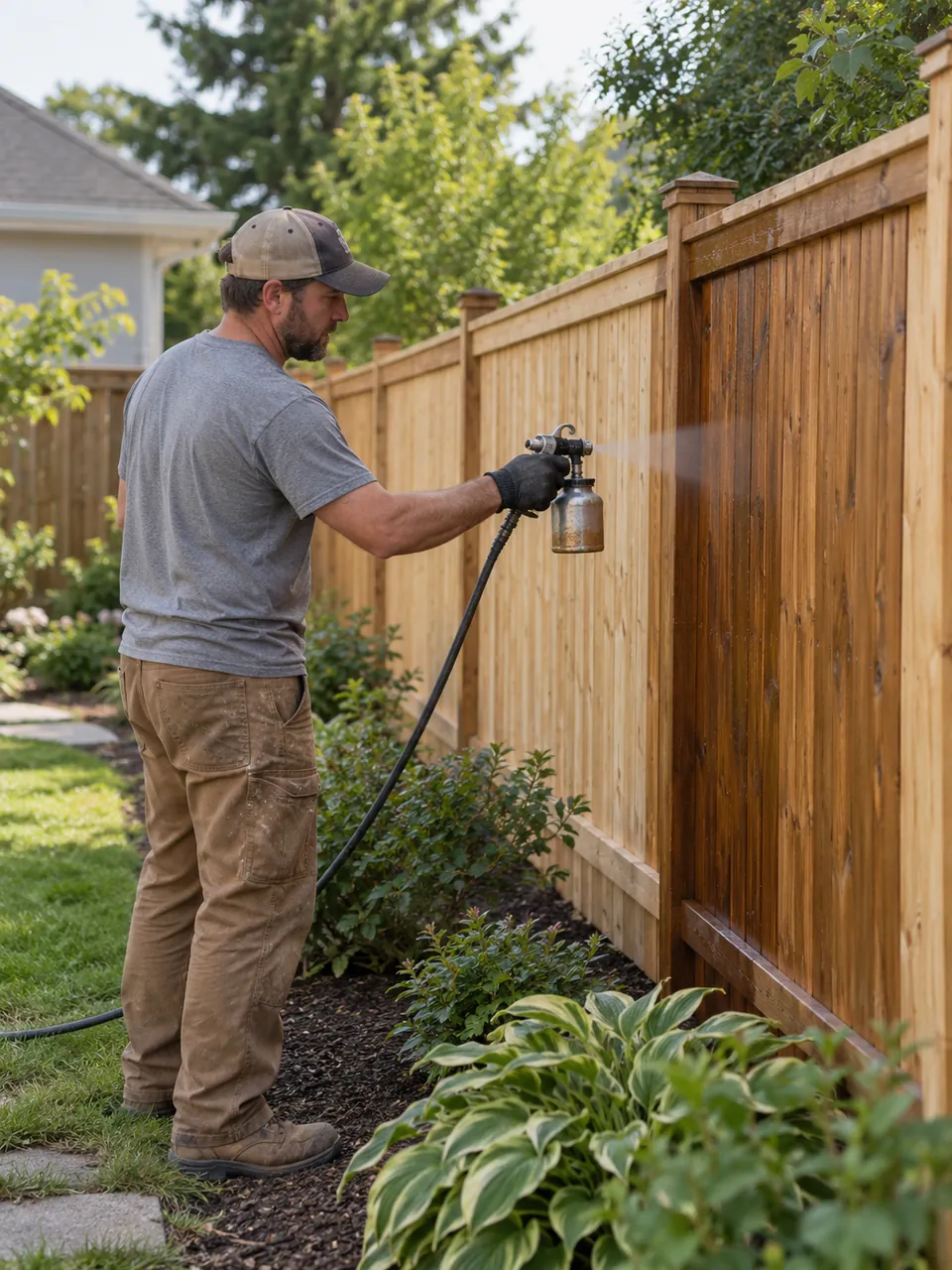 Fence Contractor reviewing fence alignment beside a family yard in Clay - NY, Fence Contractor inspecting fence line grading at a Brewerton - NY waterfront-adjacent yard