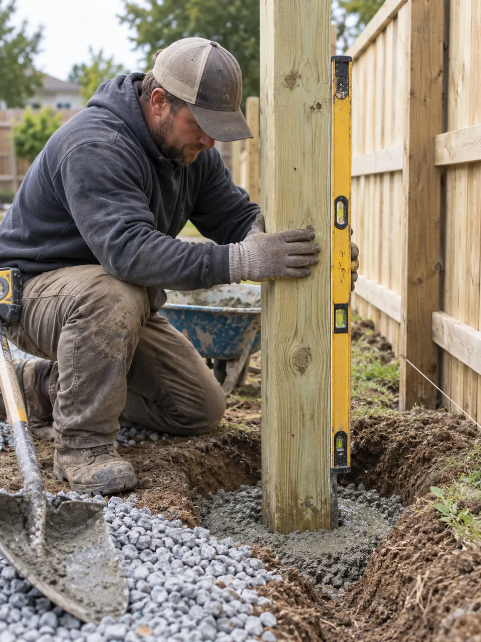 Fence Contractor inspecting post depth and alignment on a sloped Cayuga County - NY property, Fence Contractor checking post depth and alignment on a residential lot in Cicero - NY