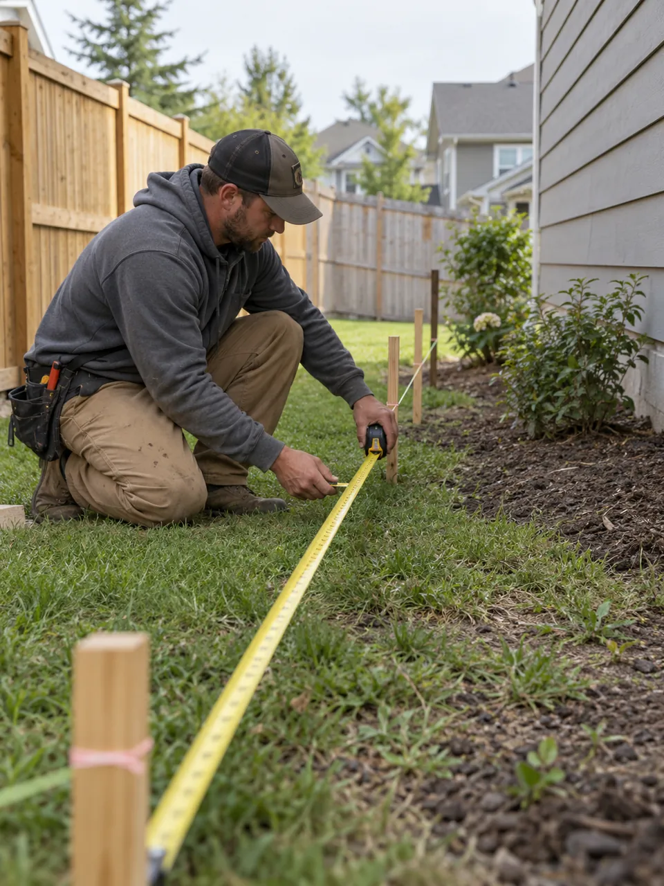 Fence Contractor in Onondaga County - NY measuring a backyard layout before setting fence posts, Fence Contractor in Cayuga County - NY measuring a backyard layout before post installation begins