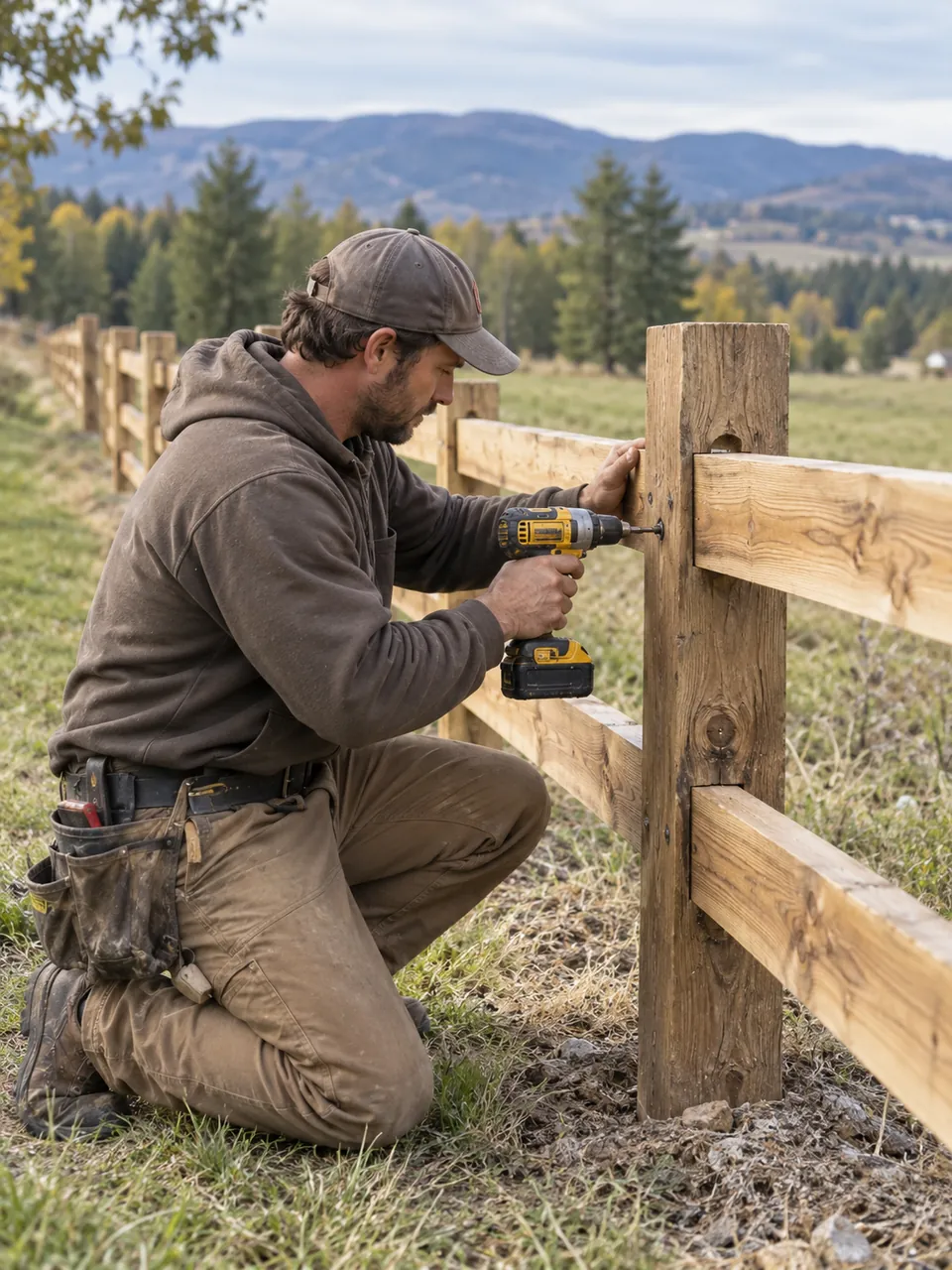 Fence Contractor in Camillus - NY measuring a backyard fence line beside mature trees, Fence Contractor in North Syracuse - NY measuring a backyard fence line before post installation
