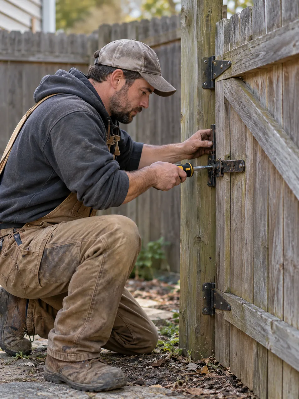 Fence Contractor checking gate alignment beside a rural property in Madison County - NY, Fence Contractor checking gate alignment beside a residential yard in Baldwinsville - NY