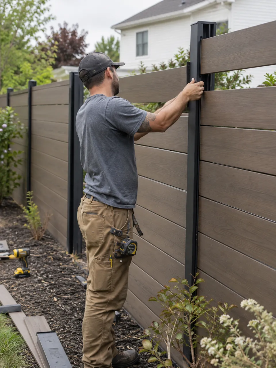 Fence Contractor checking post alignment beside a North Syracuse - NY residential side yard, Fence Contractor in Cazenovia - NY marking post locations along a residential side yard