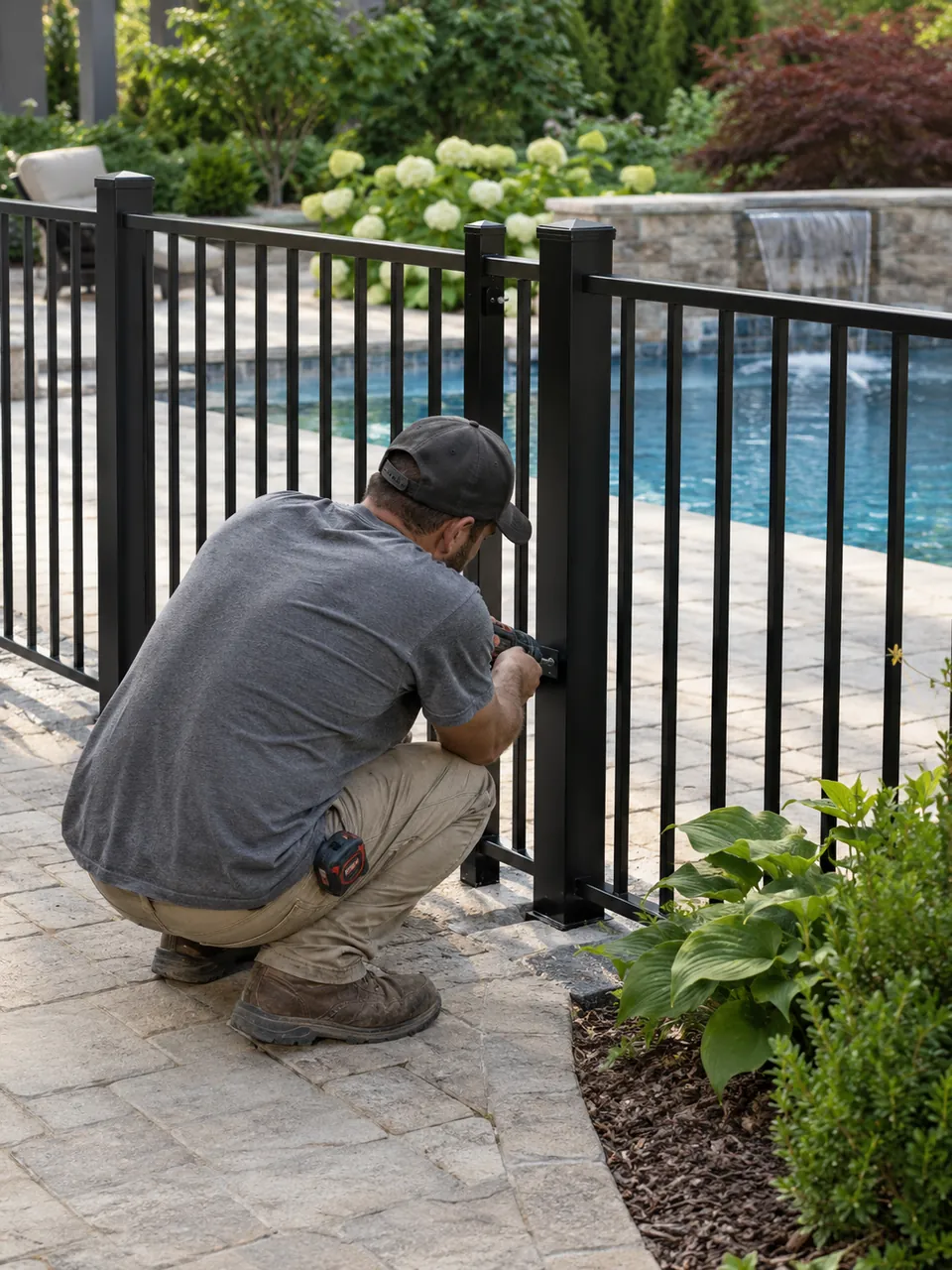 Fence Contractor in Central Square - NY measuring post spacing along a backyard property line, Fence Contractor in Baldwinsville - NY setting posts along a backyard property line