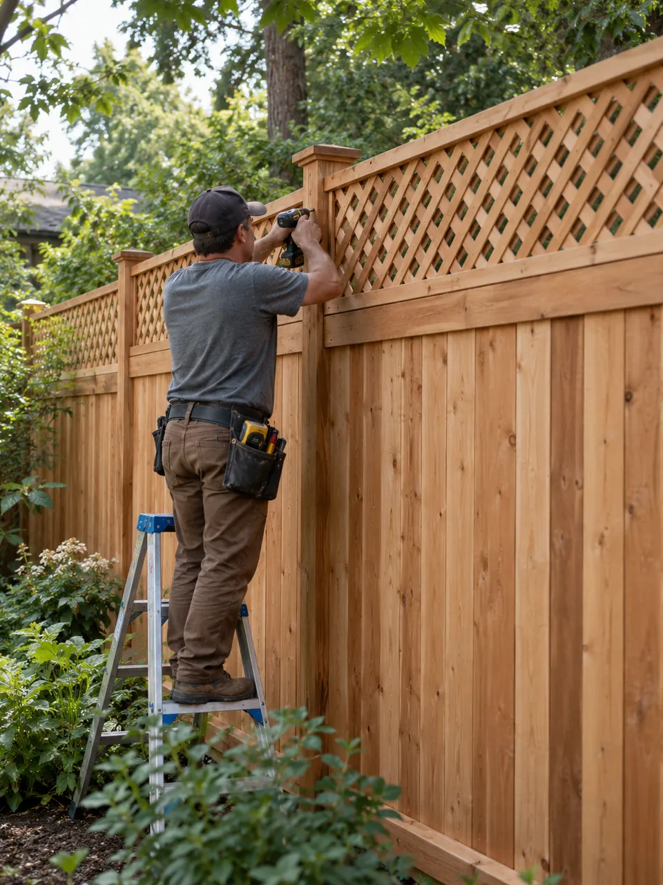 Fence Contractor in Skaneateles - NY setting posts along a landscaped backyard boundary, Fence Contractor in Solvay - NY measuring a backyard boundary before setting new fence posts