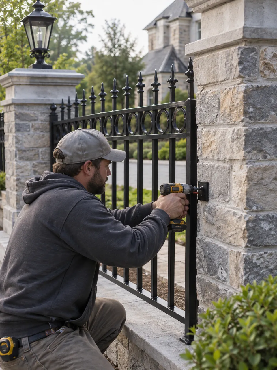 Fence Contractor checking post alignment beside a Solvay - NY home before panel installation, Fence Contractor aligning cedar panels beside a Cazenovia - NY home on a sloped yard