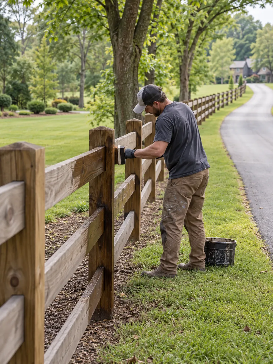 Fence Contractor in Madison County - NY setting posts along a residential property line in spring, Fence Contractor in Clay - NY marking post locations along a residential backyard property line